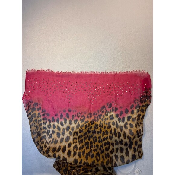 Large Leopard Spotted Scarf Bright Pink Accents Studded 27 x 100 NWT - Picture 6 of 14